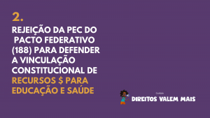 Card com o texto: 2. Rejeição da PEC do Pacto Federativo (188) para defender a vinculação constitucional de recursos para educação e saúde