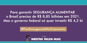 Card com o texto: Para garantir segurança alimentar, o Brasil precisa de R$8,85 bilhões em 2021. Mas o governo federal só quer investir R$4,2 bi. #PisoEmergencialnoOrçamento