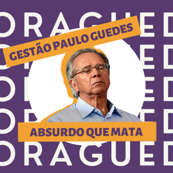 Em montagem, é possível ver um fundo roxo, com o texto #ForaGuedes repetido seis vezes e sobreposto em branco. Sobre o texto, há uma foto do ministro da economia Paulo Guedes dormindo. Há ainda os dizeres: "Gestão Paulo Guedes: absurdo que mata". Imagem acompanha notícia sobre pedido de impeachment de Paulo Guedes no Supremo Tribunal Federal.